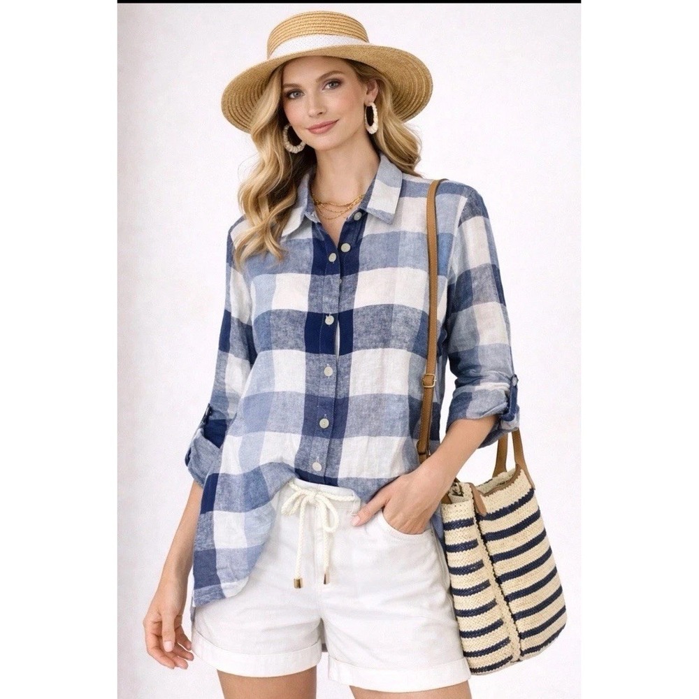 Soft Surroundings Carreaux Plaid Linen Tunic Blue White Check Shirt Womens Sz M